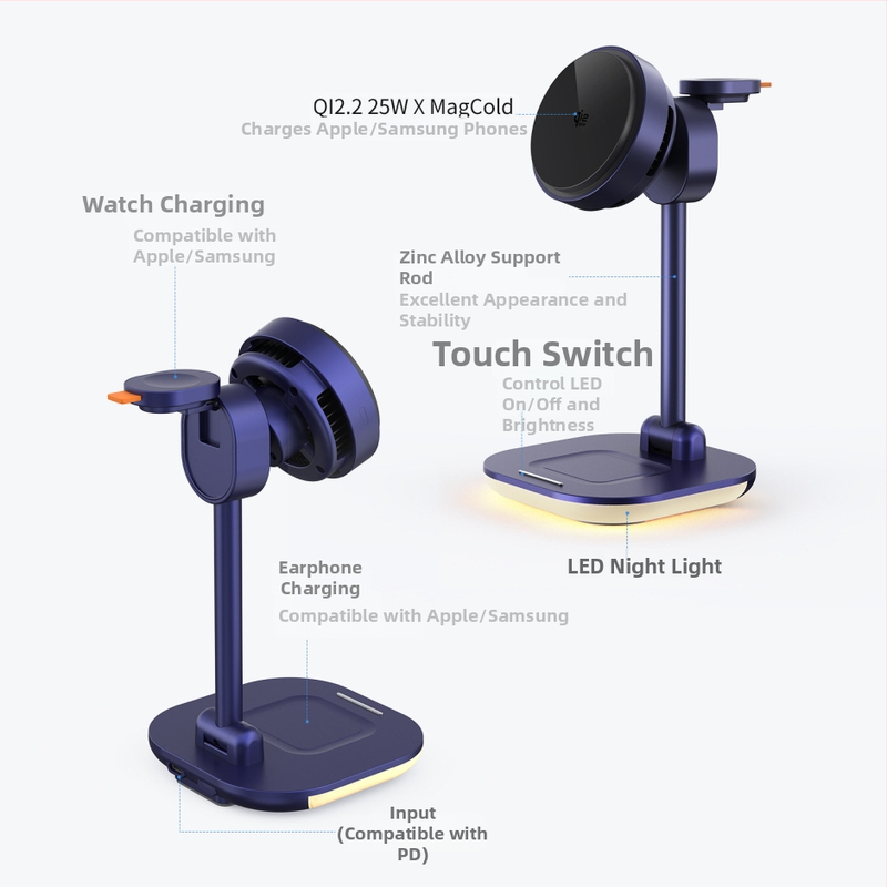 Qi2.2 4-v-1 Bezdrôtová nabíjačka, skladacia LED nočná lampa a držiak na telefón, 15W max, magnetické nabíjanie
