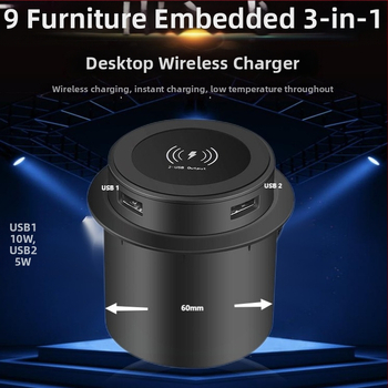 Vstavaný 3-v-1 bezdrôtový nabíjač pre nábytok (nočná stolík, pohovka, kancelársky nábytok) – Qi 5W/7.5W/10W/15W, vstup QC3.0 9V2A, USB výstup 5W×2
