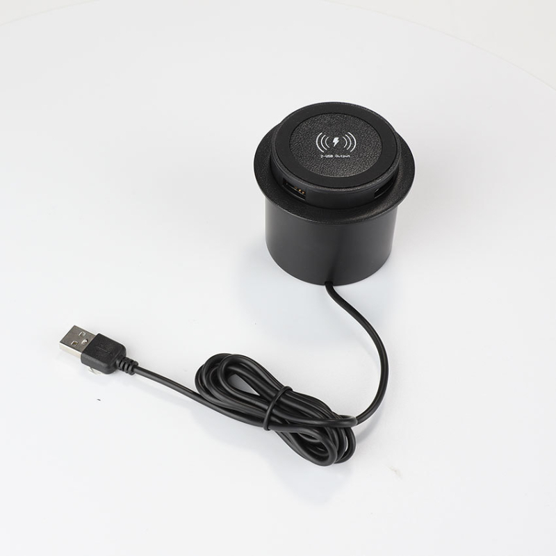 Vstavaný 3-v-1 bezdrôtový nabíjač pre nábytok (nočná stolík, pohovka, kancelársky nábytok) – Qi 5W/7.5W/10W/15W, vstup QC3.0 9V2A, USB výstup 5W×2