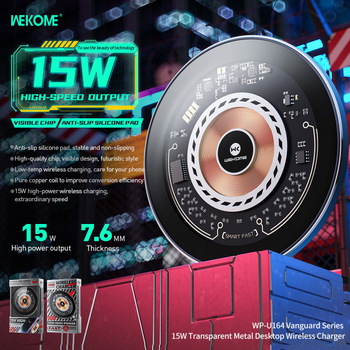 15W bezdrôtová nabíjačka pre iPhone 15, kovová konštrukcia, kruhový priehľadný dizajn, magnetické nabíjanie