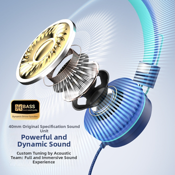 Vodiace slúchadlá pre študentov a deti, nastaviteľné a skladacie, s mikrofónom pre online vyučovanie — 40 mm reproduktory, impedance 32 Ω, frekvenčný rozsah 20–20000 Hz, USB-C a 3,5 mm konektor