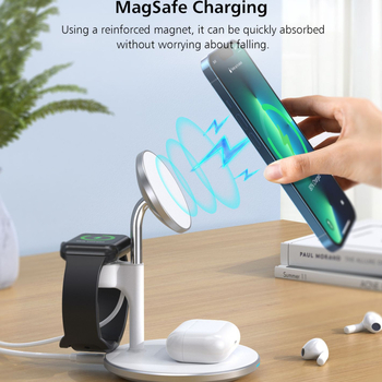 CHOETECH 3-az-1-ben MagSafe asztali vezeték nélküli töltő, 15W telefonhoz + 5W headsethez + 5W órához, mágneses igazítás, Qi gyors töltés