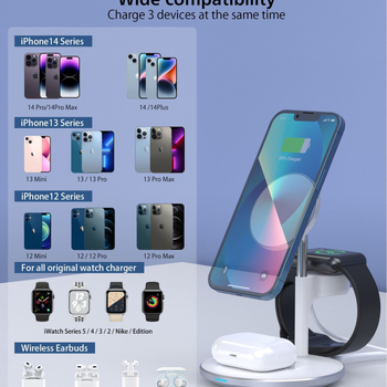 CHOETECH 3-az-1-ben MagSafe asztali vezeték nélküli töltő, 15W telefonhoz + 5W headsethez + 5W órához, mágneses igazítás, Qi gyors töltés