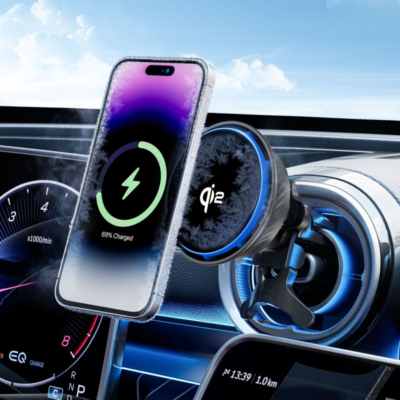 Autós telefontartó Qi2-szcertifikált hűtőventilátorral, 15W mágneses vezeték nélküli töltővel, QC3.0 gyors töltéssel és univerzális kompatibilitással