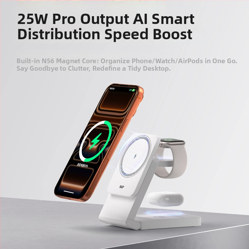 3-in-1 vezeték nélküli töltő mágneses gyors töltéssel és teleszkópos állvánnyal iPhone-hoz - 25W, 5A, Testreszabás támogatott