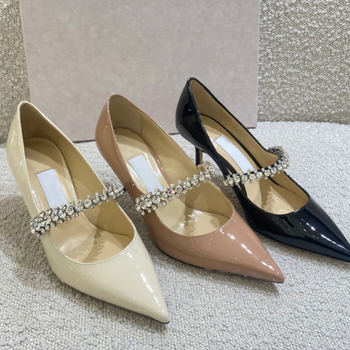 Дамски обувки на висок ток с остър нос, патентована кожа, еднопрезрамков дизайн, върхът с кристали, дебел ток, височина 3–6 см