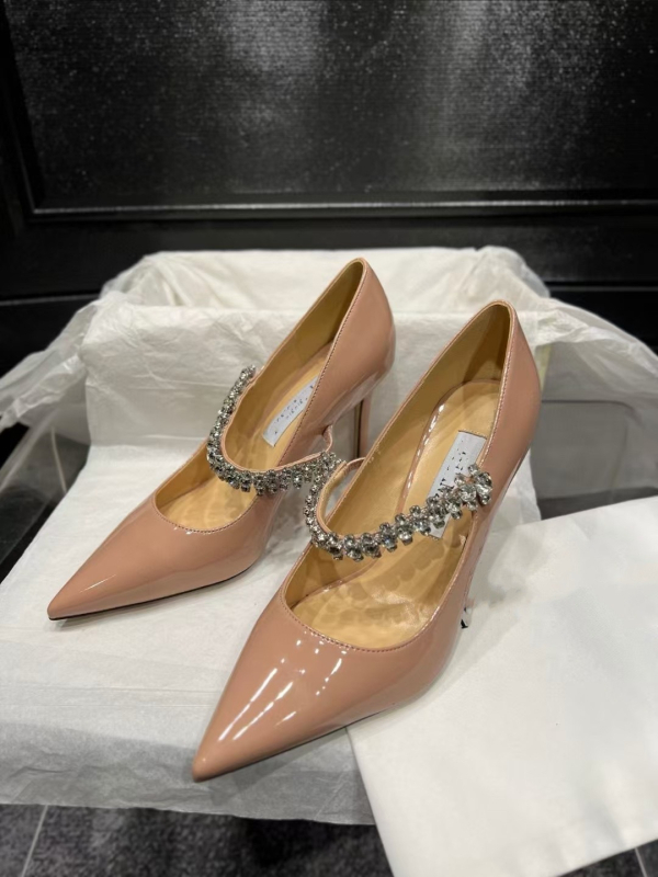 Дамски обувки на висок ток с остър нос, патентована кожа, еднопрезрамков дизайн, върхът с кристали, дебел ток, височина 3–6 см