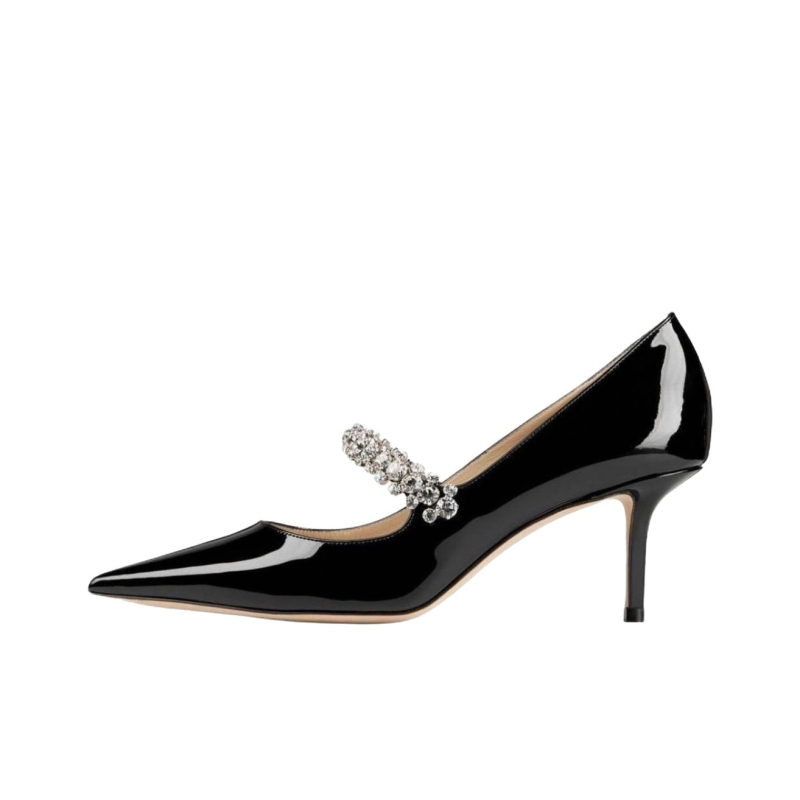 Дамски обувки на висок ток с остър нос, патентована кожа, еднопрезрамков дизайн, върхът с кристали, дебел ток, височина 3–6 см