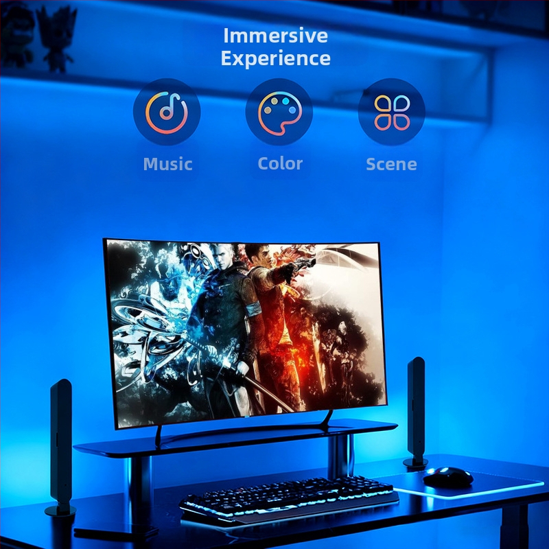 RGB spēļu ambiņa gaisma ar mūzikas ritma sensoru un skaņas aktivāciju; galda kolonnas lampa – attālināta vadība, lietotne un balss vadība