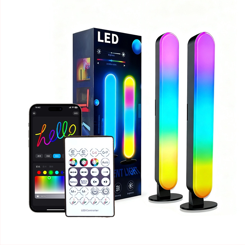 RGB spēļu ambiņa gaisma ar mūzikas ritma sensoru un skaņas aktivāciju; galda kolonnas lampa – attālināta vadība, lietotne un balss vadība