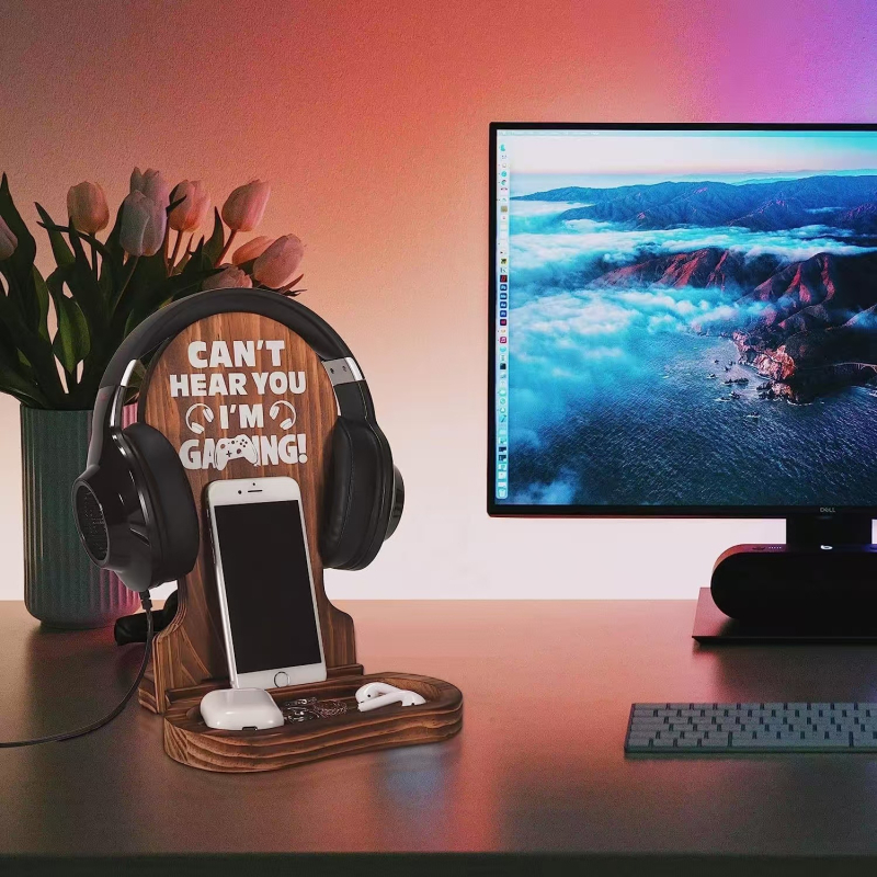 Dreveni držač za gamer slušalice – stolni regač za pohranu, okretanje, prijenosan, višenamjenski, moderan minimalistički dizajn, jednoslojni
