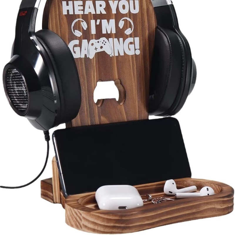 Dreveni držač za gamer slušalice – stolni regač za pohranu, okretanje, prijenosan, višenamjenski, moderan minimalistički dizajn, jednoslojni