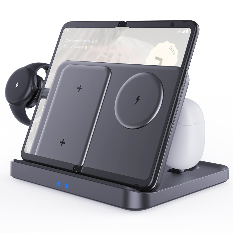 KCFold7 3-v-1 bezdrôtová nabíjačka pre Samsung Flip5 – Skladací stolový držiak, ABS+PC/PMMA, pre telefón, hodinky a slúchadlá