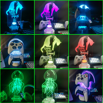 M2 sērijas datora statīvs no akrila ar RGB apkārtnes apgaismojumu spēļu kontrolleru, austiņu un telefona uzglabāšanai