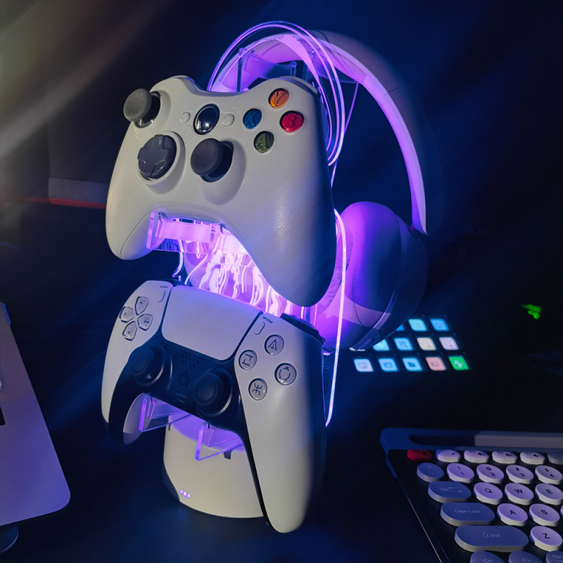 M2 sērijas datora statīvs no akrila ar RGB apkārtnes apgaismojumu spēļu kontrolleru, austiņu un telefona uzglabāšanai