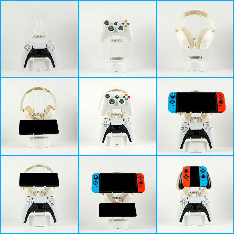 M2 sērijas datora statīvs no akrila ar RGB apkārtnes apgaismojumu spēļu kontrolleru, austiņu un telefona uzglabāšanai