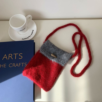 Gyerekeknek szóló kötött keresztpántos telefon-táska színblokkal dizájnnal, mini méret, koreai stílus, poliészter, téli 2025