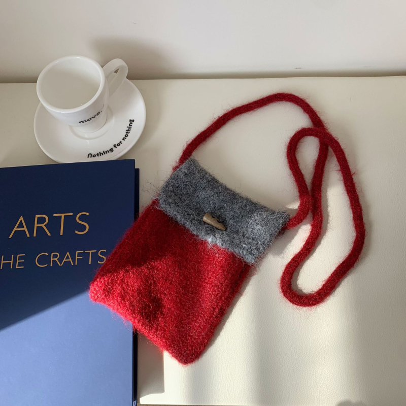 Gyerekeknek szóló kötött keresztpántos telefon-táska színblokkal dizájnnal, mini méret, koreai stílus, poliészter, téli 2025