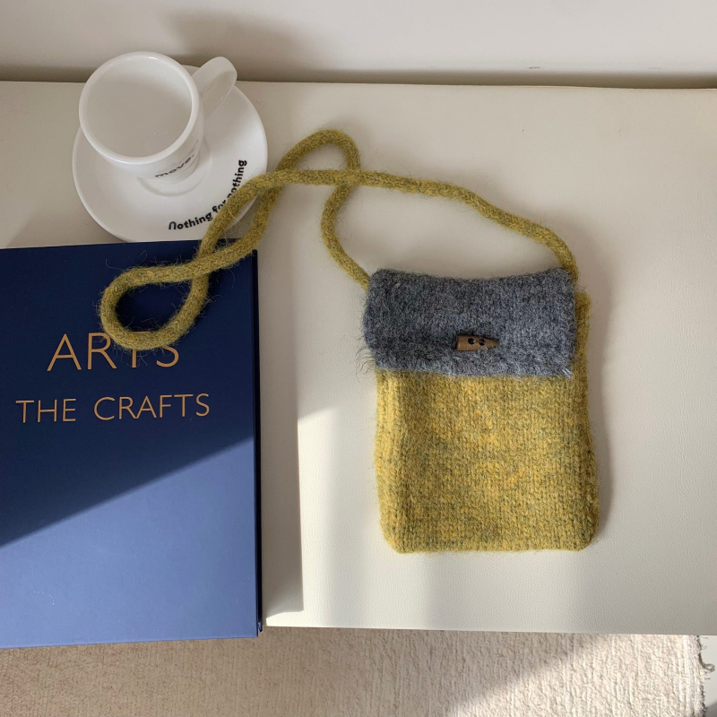 Gyerekeknek szóló kötött keresztpántos telefon-táska színblokkal dizájnnal, mini méret, koreai stílus, poliészter, téli 2025