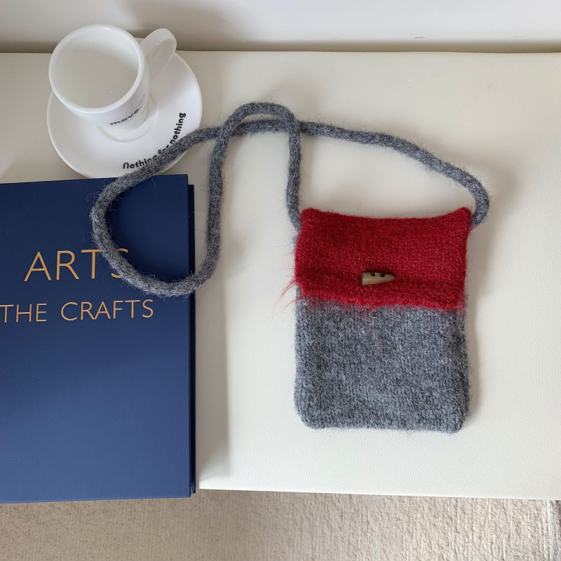 Gyerekeknek szóló kötött keresztpántos telefon-táska színblokkal dizájnnal, mini méret, koreai stílus, poliészter, téli 2025