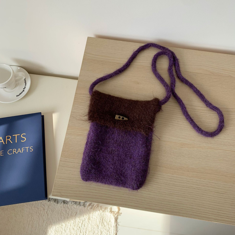 Gyerekeknek szóló kötött keresztpántos telefon-táska színblokkal dizájnnal, mini méret, koreai stílus, poliészter, téli 2025