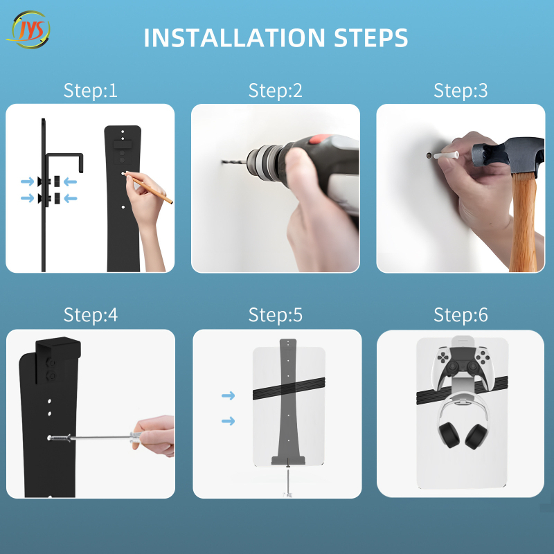 Suport metalic de perete pentru PS5, cu cârlige pentru căști și controlere, compatibil PS5, PS5 Slim și PS5 Pro