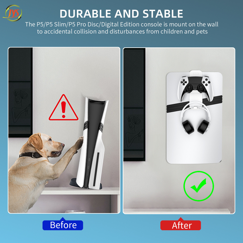Suport metalic de perete pentru PS5, cu cârlige pentru căști și controlere, compatibil PS5, PS5 Slim și PS5 Pro