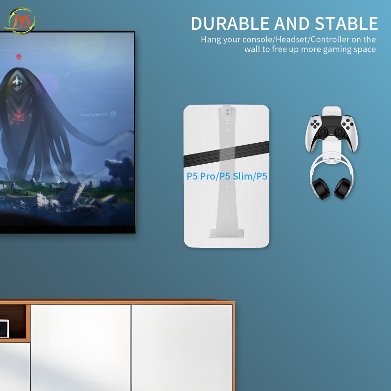 Suport metalic de perete pentru PS5, cu cârlige pentru căști și controlere, compatibil PS5, PS5 Slim și PS5 Pro