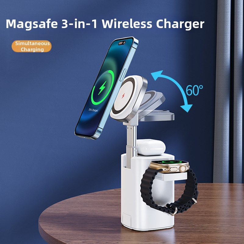 Bezdrôtový nabíjací stojan 3 v 1 s mechanizmom zdvíhania a magnetickou základňou pre telefón, hodinky a slúchadlá