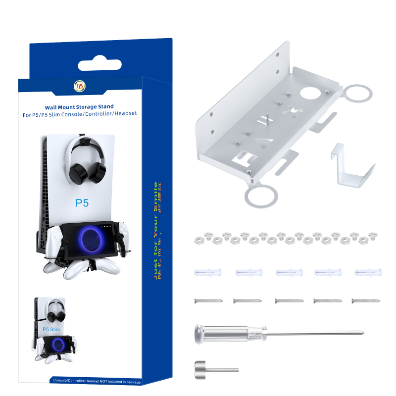 Suport de perete PS5/PS5 Slim pentru consolă, controler și căști (Model JYS-P5213, Greutate 820 g, Compatibil cu PS5/PS5 Slim)