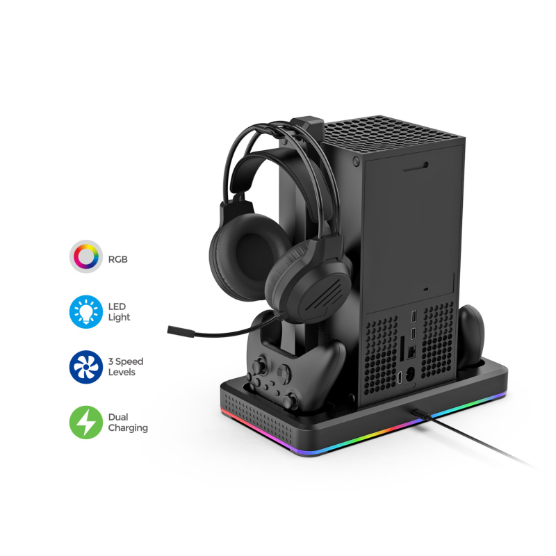 Accesorii Xbox Series X/S: bază de răcire cu încărcător pentru controler și suport pentru căști (USB, ABS)