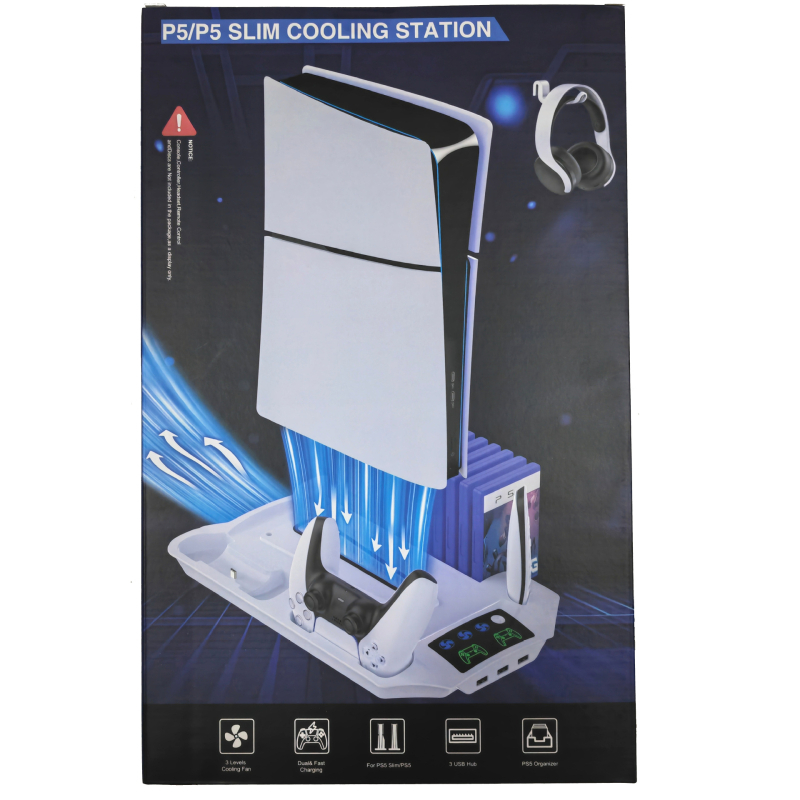 PS5 višenamjenska baza s ručkom i dvostrukim punjenjem – držač za slušalice i držač za diskove (model YH-57) kompatibilan s PS5 Slim/PS5/PS5 Pro