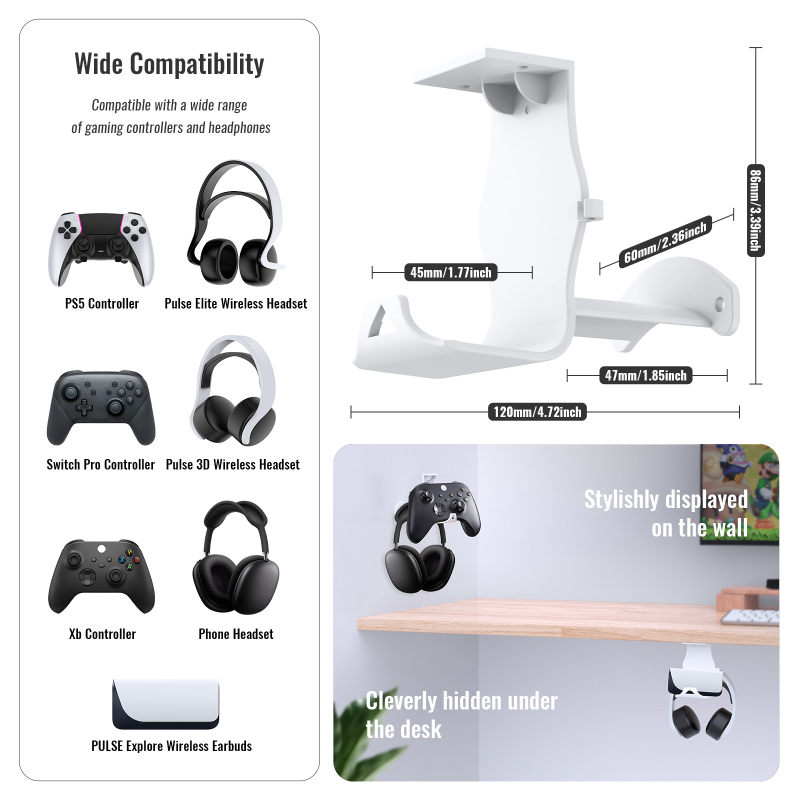 JYS-P5221 Dvostruki držač za pohranu kontrolera i slušalica za PS5/PS4/Xbox/Switch — stolni i zidni nosač, 90.5 g