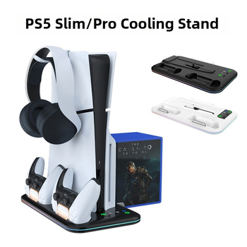 PS5 Pro/Slim chladiaca základňa s RGB osvetlením, stojan na ovládač s nabíjaním, úložná skrinka na slúchadlá a disky
