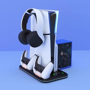 PS5 Pro/Slim chladiaca základňa s RGB osvetlením, stojan na ovládač s nabíjaním, úložná skrinka na slúchadlá a disky