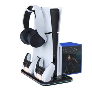 PS5 Pro/Slim chladiaca základňa s RGB osvetlením, stojan na ovládač s nabíjaním, úložná skrinka na slúchadlá a disky