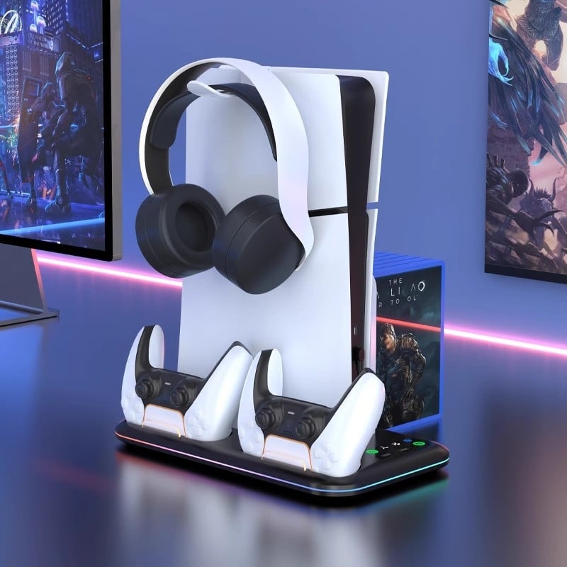 PS5 Pro/Slim chladiaca základňa s RGB osvetlením, stojan na ovládač s nabíjaním, úložná skrinka na slúchadlá a disky