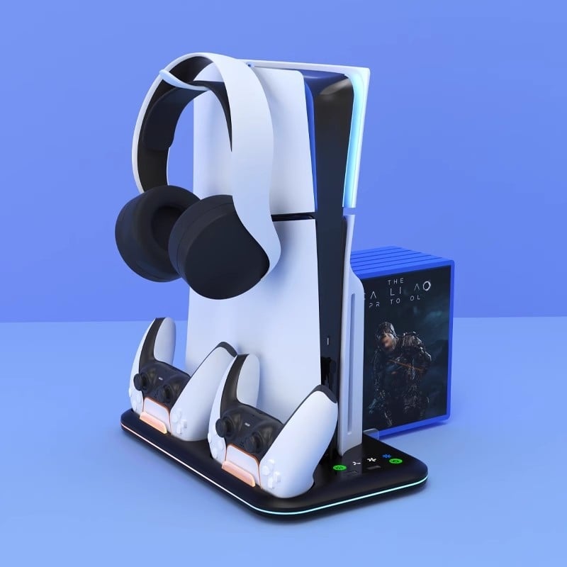 PS5 Pro/Slim chladiaca základňa s RGB osvetlením, stojan na ovládač s nabíjaním, úložná skrinka na slúchadlá a disky