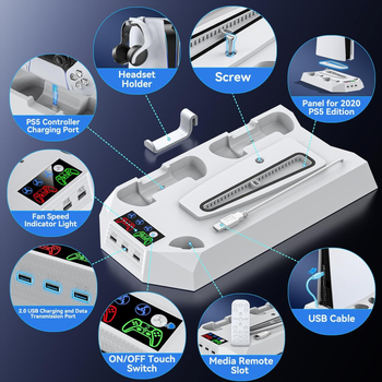 Βάση Ψύξης με Ανεμιστήρα για PS5, PS5 Slim, PS5 Pro – 2-σε-1 Φορτιστής Χειριστηρίου, USB-C, ABS