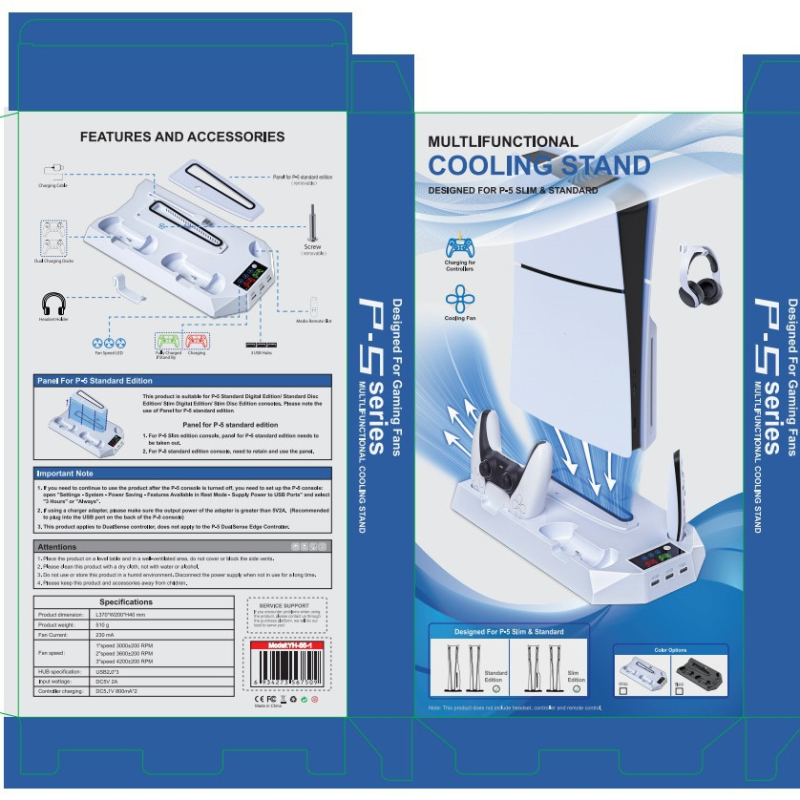 Βάση Ψύξης με Ανεμιστήρα για PS5, PS5 Slim, PS5 Pro – 2-σε-1 Φορτιστής Χειριστηρίου, USB-C, ABS