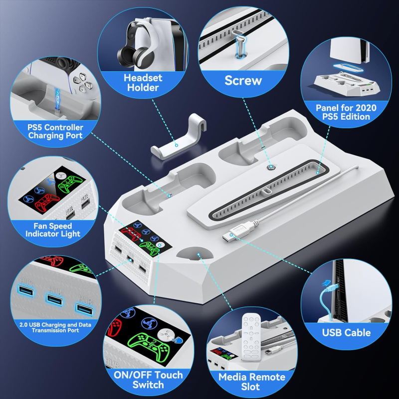 Βάση Ψύξης με Ανεμιστήρα για PS5, PS5 Slim, PS5 Pro – 2-σε-1 Φορτιστής Χειριστηρίου, USB-C, ABS