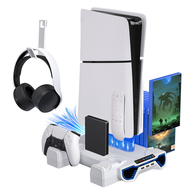 PS5 Slim/Pro hlađenje osnove za konzolu s USB 2.0 hubom, Type-C, RGB osvjetljenje, 3-brzinski ventilator