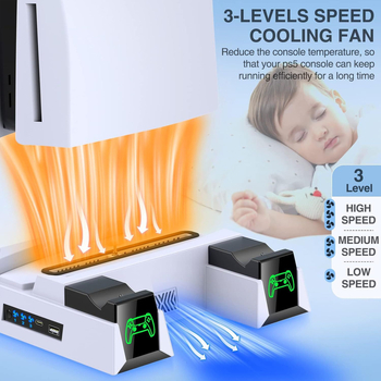 PS5 βάση ψύξης με σταθμό φόρτισης χειριστηρίου, LED ράφι αποθήκευσης, USB-C διεπαφή, ABS πλαστικό