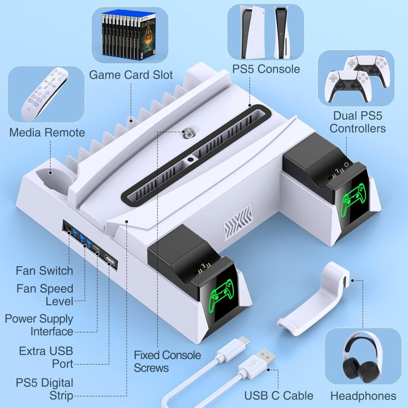 PS5 βάση ψύξης με σταθμό φόρτισης χειριστηρίου, LED ράφι αποθήκευσης, USB-C διεπαφή, ABS πλαστικό