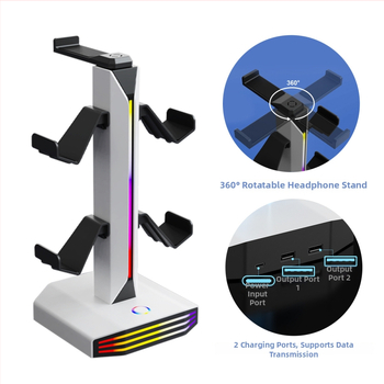 Stojan na slúchadlá s RGB osvetlením, napájaný cez USB Type-C/USB, 2 USB nabíjacie porty, ABS materiál
