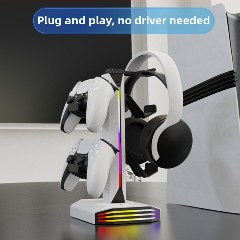 Stojan na slúchadlá s RGB osvetlením, napájaný cez USB Type-C/USB, 2 USB nabíjacie porty, ABS materiál