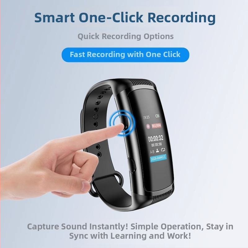 Náramkový rekordér s HD displejom a redukciou šumu — MP3/WAV, 10 hodín nahrávania, USB 2.0, Li-Po batéria