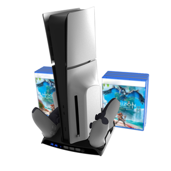 PS5 Slim viacfunkčná chladiaca základňa s úložiskom pre disky, nabíjacím dokom pre dva ovládače a držiakom na slúchadky