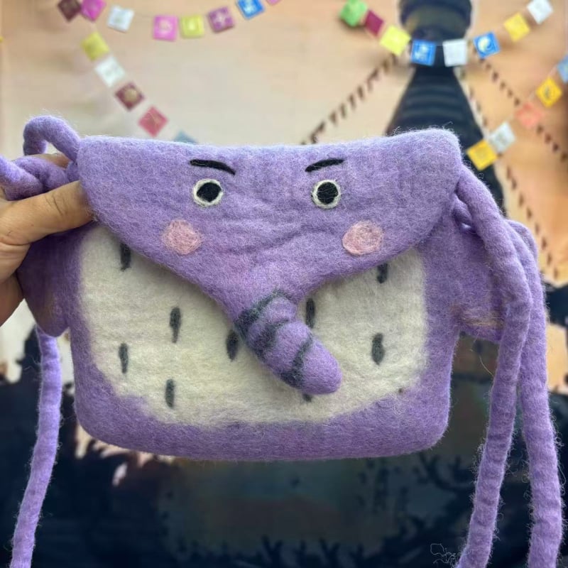 Kézzel készített gyapjúfilcből készült érmés pénztárca kártyatartóval, állat mintával, városi egyszerű stílus, poliészter bélés, 2024 ősz kiadás