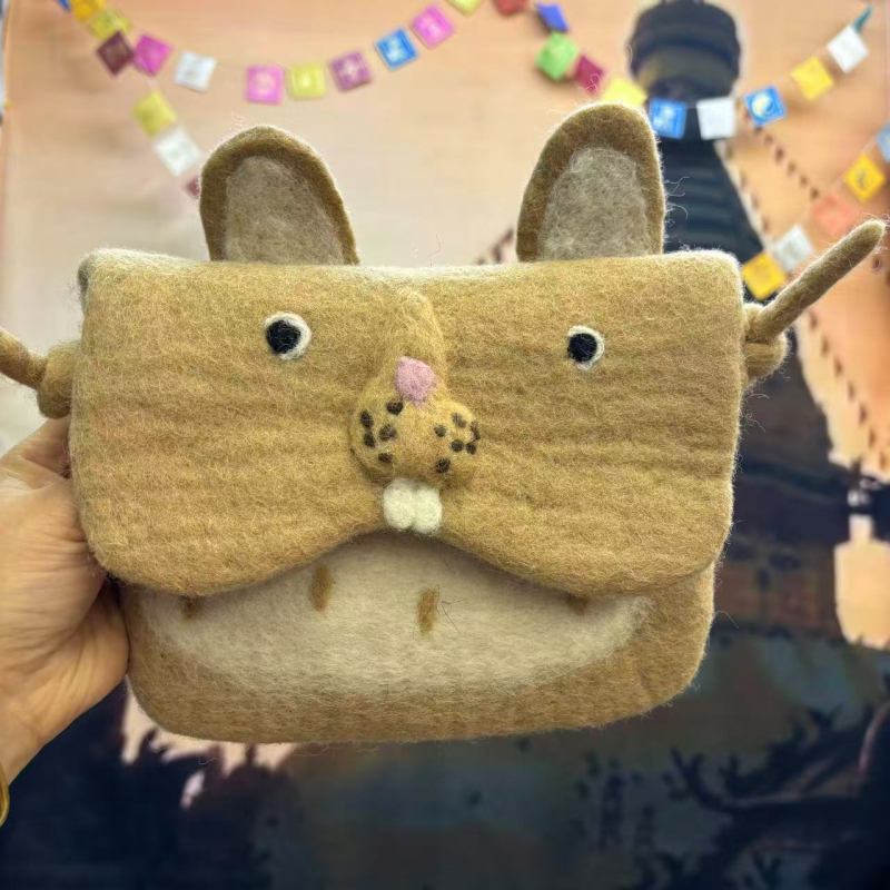 Kézzel készített gyapjúfilcből készült érmés pénztárca kártyatartóval, állat mintával, városi egyszerű stílus, poliészter bélés, 2024 ősz kiadás